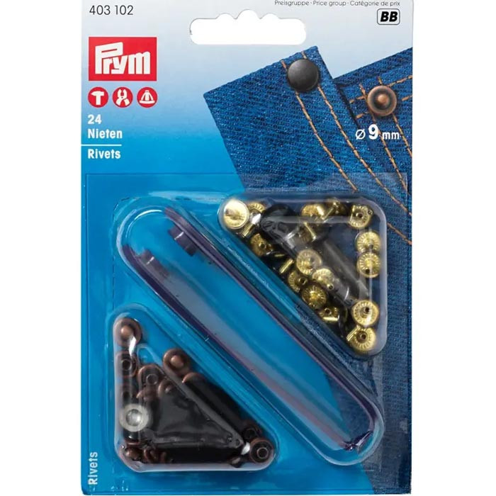 Boîte de 24 rivets 9mm avec outil Prym - Bronze et Cuivre Boîte de 24 rivets 9mm avec outil Prym - Bronze et Cuivre